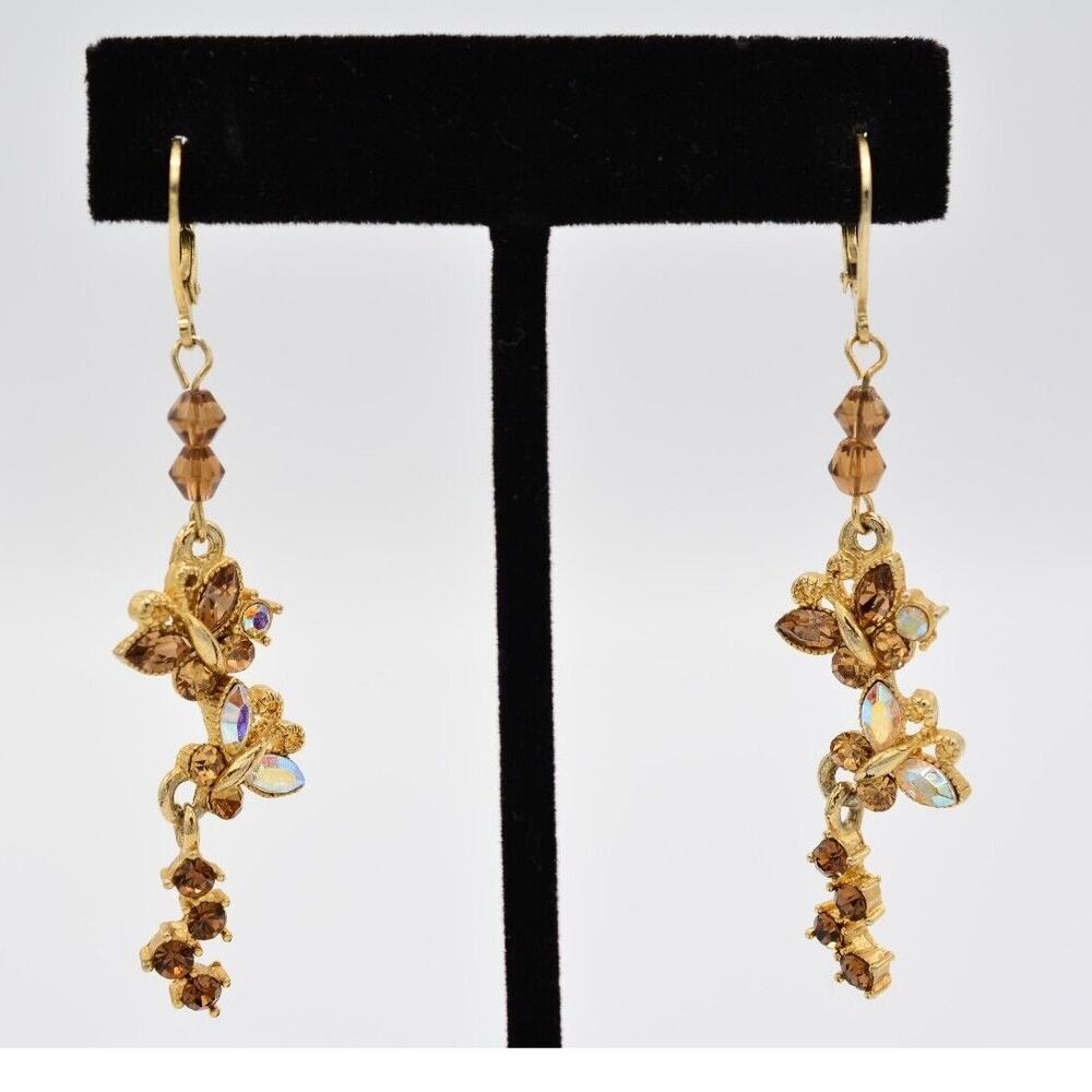 Vintage Butterfly Dangle Earrings Brown AB Rhinestone Crystal Gold Y2K BinAA
